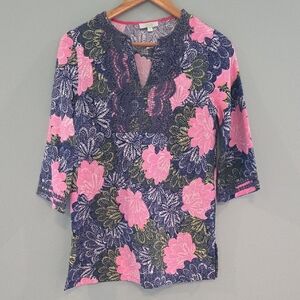 Jade Melody Tam Brand Pink and Blue Floral Tunic with Embellished Collar Medium
